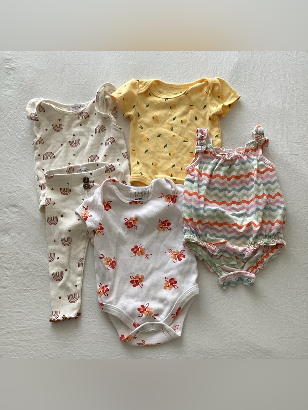 Baby Girls Yellow, White & Multi Patterned Bodysuit and Romper Set